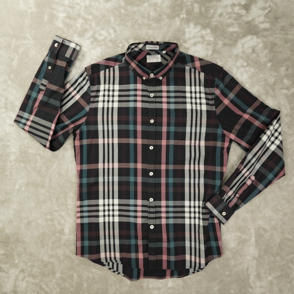 7 Diamonds Harrington Button Up Shirt Mens Medium Black Plaid SMK-4982 Preppy